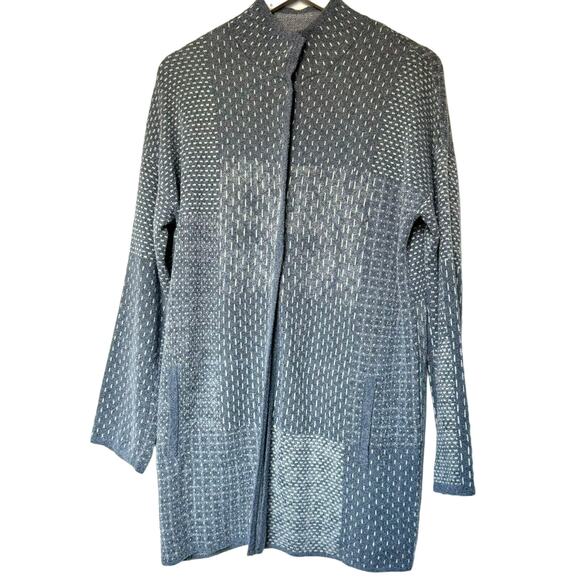 PURE JILL Medium Gray Open Front Long Terry Cardigan Sweater Pockets Embroidered - Picture 2 of 10